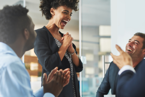 laughing with coworkers